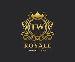 Golden Letter TW template logo Luxury gold letter with crown. Monogram alphabet . Beautiful royal initials letter. vector