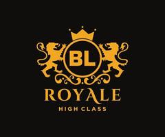 Golden Letter BL template logo Luxury gold letter with crown. Monogram alphabet . Beautiful royal initials letter. vector