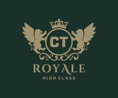 Golden Letter CT template logo Luxury gold letter with crown. Monogram alphabet . Beautiful royal initials letter. vector