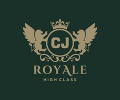 Golden Letter CJ template logo Luxury gold letter with crown. Monogram alphabet . Beautiful royal initials letter. vector