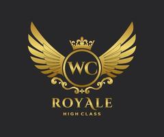 Golden Letter WC template logo Luxury gold letter with crown. Monogram alphabet . Beautiful royal initials letter. vector