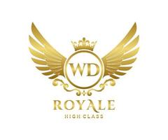 Golden Letter WD template logo Luxury gold letter with crown. Monogram alphabet . Beautiful royal initials letter. vector