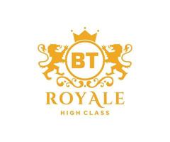 Golden Letter BT template logo Luxury gold letter with crown. Monogram alphabet . Beautiful royal initials letter. vector