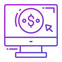 Dollar coin inside monitor with pointing arrow, concept of pay per click icon vector