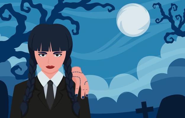 disembodied hand called the Thing. Wednesday. Happy Halloween. Girl with  braids. Vector. Wednesday addams illustration. Wednesday Concept. 16019267  Vector Art at Vecteezy