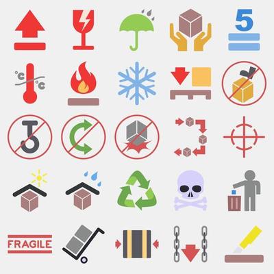 Icon set of packaging sign. Packaging symbol elements. Icons in flat style. Good for prints, posters, logo, product packaging, sign, expedition, etc.