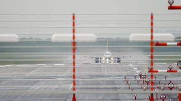 Jet airplane departure at rainy weather. Dusseldorf airport, Germany video