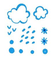 hand painted blue sky elements, clouds, dots, snow. Weather, cute childish illustration, nursery, design, decor. vector