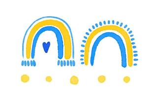 mano pintado azul y amarillo cielo elementos. conjunto de linda infantil arcoiris, ucranio colores. cielo, linda infantil ilustración, guardería, diseño, decoración. vector