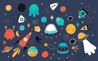 set with space elements, spaceship, moon, planet, stars, vector clipart