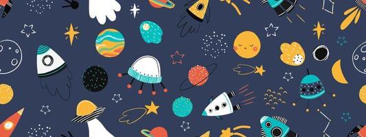 childish seamless pattern with space, alien, transport, vector illustration