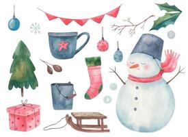 Christmas set  new year   with a snowman, Christmas tree, Christmas sock, sled, Christmas toys watercolor illustration.eps vector