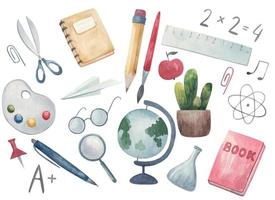 Back to school. Hand-drawn background with school supplies and creative elements. Palette, book, notebook, pen, pencil, brush, glasses, watercolor illustration.eps vector