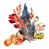 Colorful Halloween composition of cute house watercolor illustration isolated on white. Small hut, haunted house with colorful autumn leaves, pumpkin hand drawn. Design element for print, holiday vector