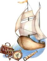 Composition of sailing ship vintage style watercolor illustration isolated on white. Spyglass, rusty key, carpet bag, waterscape hand drawn. Childish design, element for boy's room, print, postcard vector