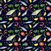 Seamless pattern of tuna, sardine and herbs watercolor isolated on black. vector