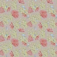 Seamless pattern of laminaria and coral watercolor isolated on pink background. Pink agar agar, sea plants and fish hand drawn. Design element for package, textile, paper, wrapping, marine collection vector