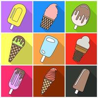 Set of nine ice cream on a wooden stick and in a waffle horn in flat style with shadow. Vector illustration