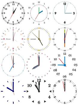 A set of different mechanical clocks with an image of each of the twelve hours. Clock face on white background. vector