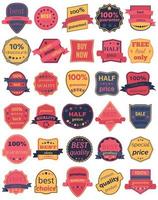 Set of Thirty Vector Badges with Ribbons. Set of vintage retro labels. Web stickers and labels. Isolated vector illustration.