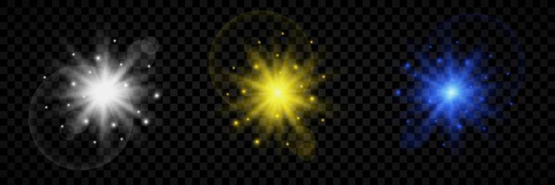 Light effect of lens flares. Set of three white, yellow and blue glowing lights starburst effects with sparkles