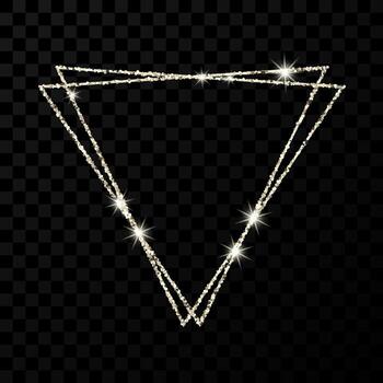 Silver double triangle frame. Modern shiny frame with light effects isolated on dark vector