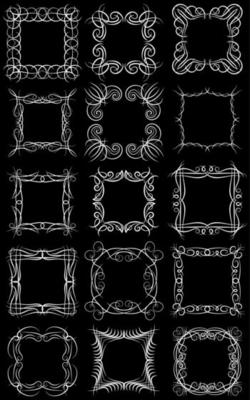 Set of fifteen square white monogram elements on a black background. Vector illustration.