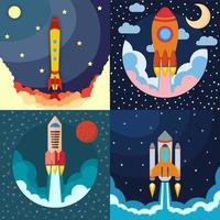 Set of four space rocket ship in round piece. Space rocket launch. Project startup and development process concept. The rocket flies upwards. vector