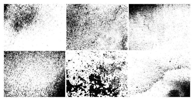 Grunge grainy dirty texture. Set of six abstract urban distress overlay backgrounds. Vector illustration
