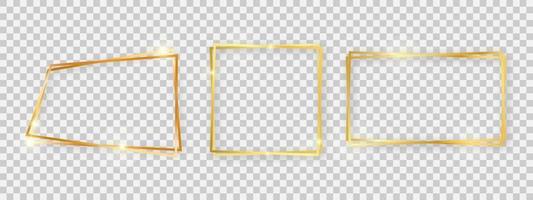 Double shiny frames with glowing effects. Set of three gold double frames with shadows vector