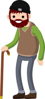 Funny old man with cane. Senior and Active Lifestyle, recreation grandfather. Cartoon flat illustration.