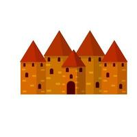 Medieval fortress with towers and walls. Trakai castle. Lithuanian tourist attraction. Old European city. Historical building of knight. Red house. Flat cartoon vector