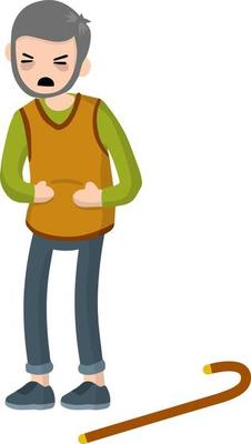 Old man holding his stomach. Senior with griping. Elderly man sick. Vector illustration flat design.