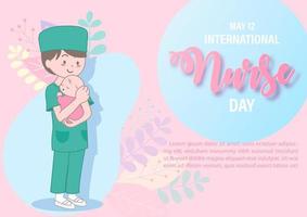 Neonatal's nurse in cartoon character with new born baby with wording of Nurses day, example texts on pink background. International nurse day poster's campaign in flat style and vector design.