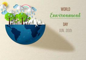 Wildlife animals with nature on a half blue earth with the day and name lettering on recycle paper color tone and pattern background. World Environment Day's poster campaign in paper cut style. vector