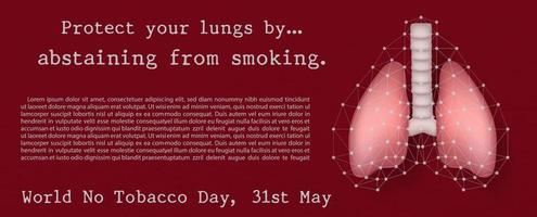 Clear human lung protected by net with slogan and the day, name of event with example texts isolate on red background. Card and poster's campaign of World no tobacco day in banner vector design.