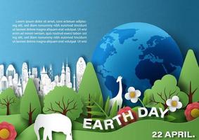 Beauty environment with a giant global and the day, name of event on landscape city and blue gradient background. Card and poster campaign's of Earth day in paper cut out style and vector design