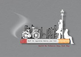 Cigarette burning with silhouette lover with bicycle and slogan, World No Tobacco Day lettering on city building and gray paper pattern background. All in paper cut style and vector design.