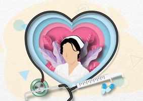 Nurse and decorate plants in a blue heart with stethoscope and syringe on yellow abstract shape background. International nurse day poster campaign in paper cut style and vector design.