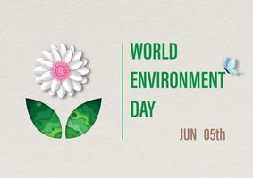 White flower with the day and name of event on recycle paper color tone and pattern background. World Environment Day's concept and poster campaign in 3d paper cut style and vector design.