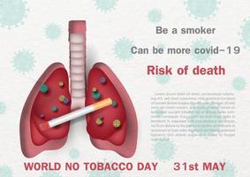 Symbol of virus on human lung with cigarette in mesh 3d style and slogan with wording of World no tobacco day and example texts on virus symbol and white paper pattern background. vector