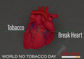 Human heart with slogan and pulse, the day and name of event with cigarette on dark gray paper pattern background. World No Tobacco Day poster campaign in vector design.