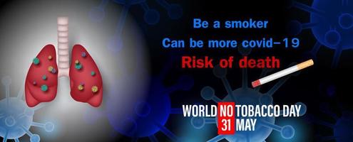 Symbol of virus on human lung in mesh 3d style and slogan with wording of World no Tobacco Day on virus symbols in neon blue with 3d style background. vector