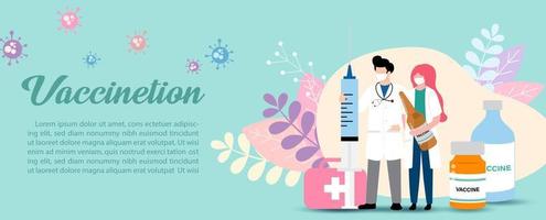 Doctor in cartoon character with a giant syringe and holding vaccine bottle, medical bag on decoration plants and Vaccination wording, example texts and green background. vector