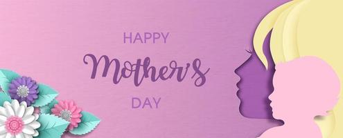 Colorful flowers and mother head and her baby in paper cut style with wording of mother day on violet gradient background. vector