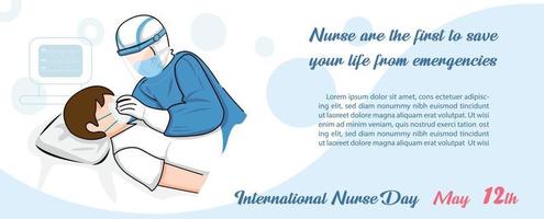 Image of nurse in protection virus suite doing CPR a man with wording of Nurses day and example texts on blue abstract shape and white background. vector