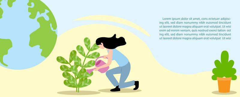 Young woman in cartoon character planting trees with global and plant pot on yellow abstract shape and blue background. World Environment and forest's poster campaign in flat and banner vector design.