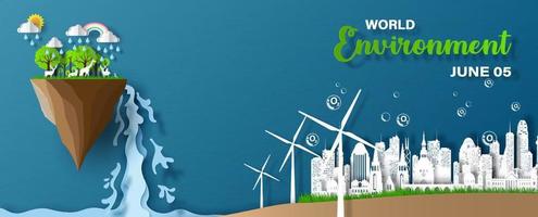 Natural environment with cityscape, O2 bubbles and wind turbine in paper cut style on wording of Environment day, and blue paper pattern background. vector