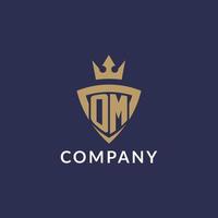 OM logo with shield and crown, monogram initial logo style vector