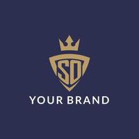 SO logo with shield and crown, monogram initial logo style vector